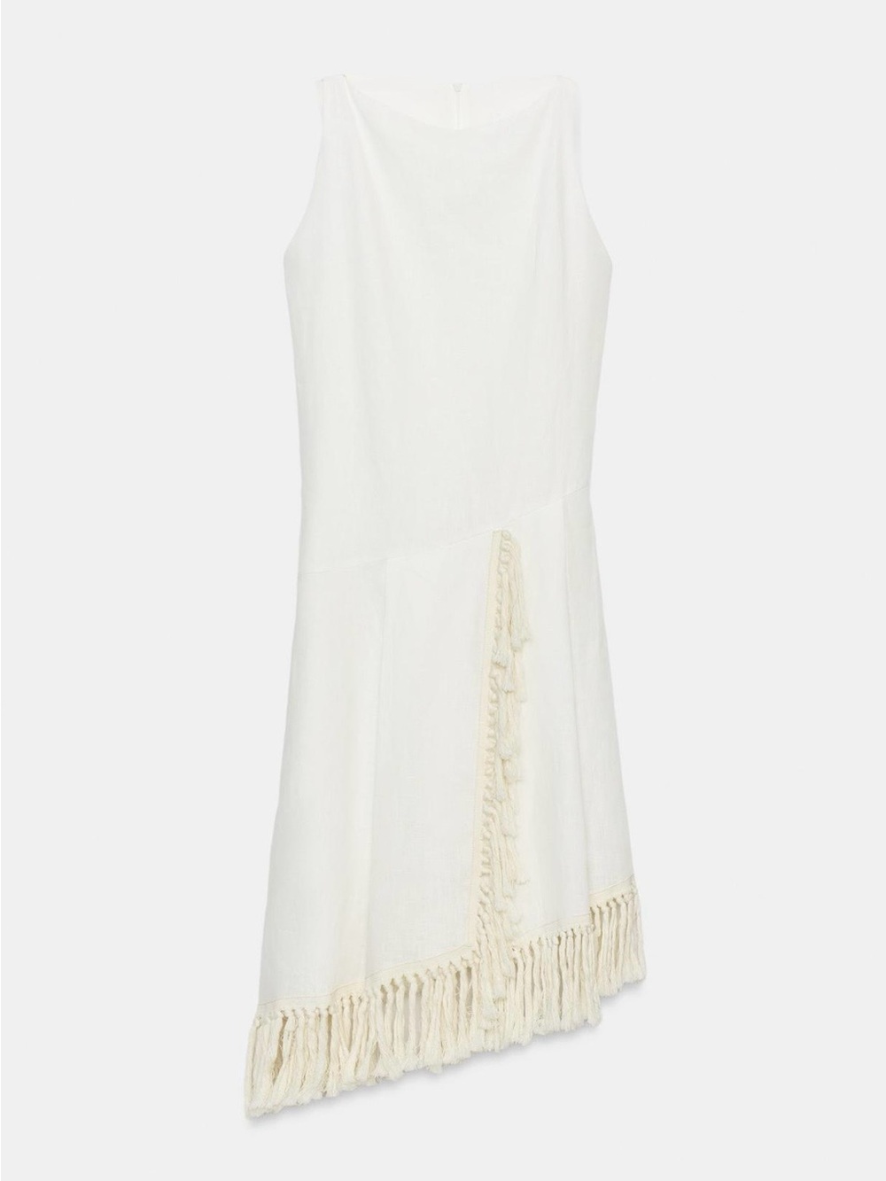 Zara NWT ' White Tassel Linen Asymmetrical Dress in Light Beige